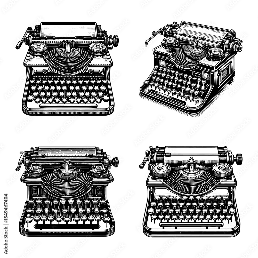 Poster typewriter set collection bundle sketch engraving generative ai png illustration. scratch board imit