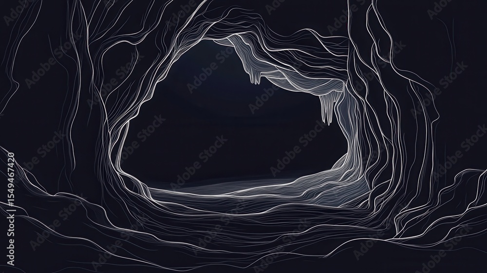 Poster abstract illustration of a cave entrance with intricate line art and soft lighting illuminating the 