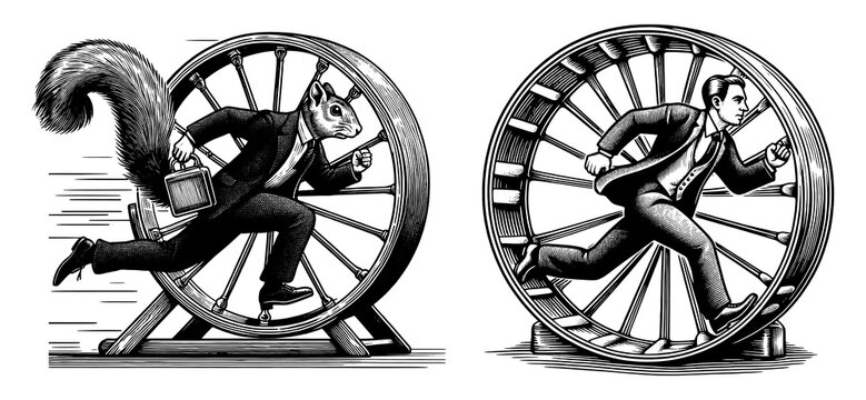 man and squirrel in business suits running inside hamster wheels, corporate rat race Set collection bundle sketch engraving generative ai PNG illustration. Scratch board. Black and white image.