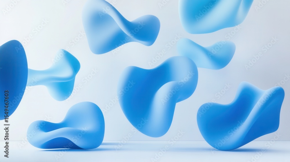 Poster abstract blue organic shapes floating in air, soft curves and fluid forms with minimalist style for 