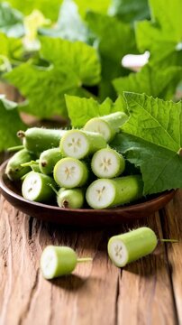 Fresh tinda vegetables in a wooden bowl on rustic table, some sliced and garnished with green leaves, vibrant and healthy