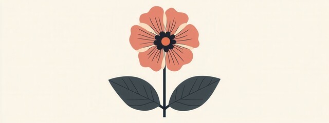 Vintage floral illustration with a single blooming flower, featuring soft pink petals and dark green leaves in a simple design on a light background