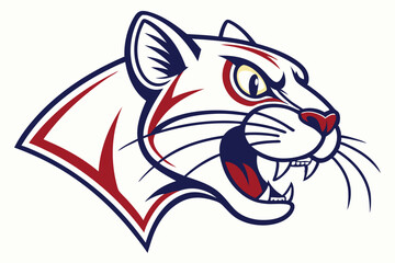 Ferocious cougar roars, showcasing sharp teeth in red, white, and navy color scheme