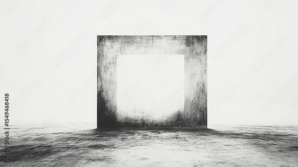 Poster abstract black and white artwork featuring a large geometric shape in an empty space, evoking feelin