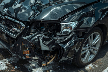 Black Car with Front-End Damage After Accident for Car Insurance and Accident Prevention Campaigns