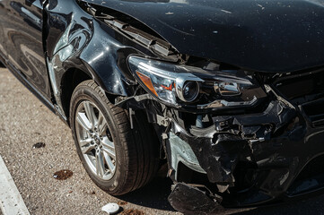 Damaged Black Car After Collision on Road for Road Safety and Insurance Awareness Campaigns
