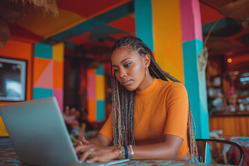 Black woman with braids working on graphic design project in laptop, artistic cafe with colorful walls.