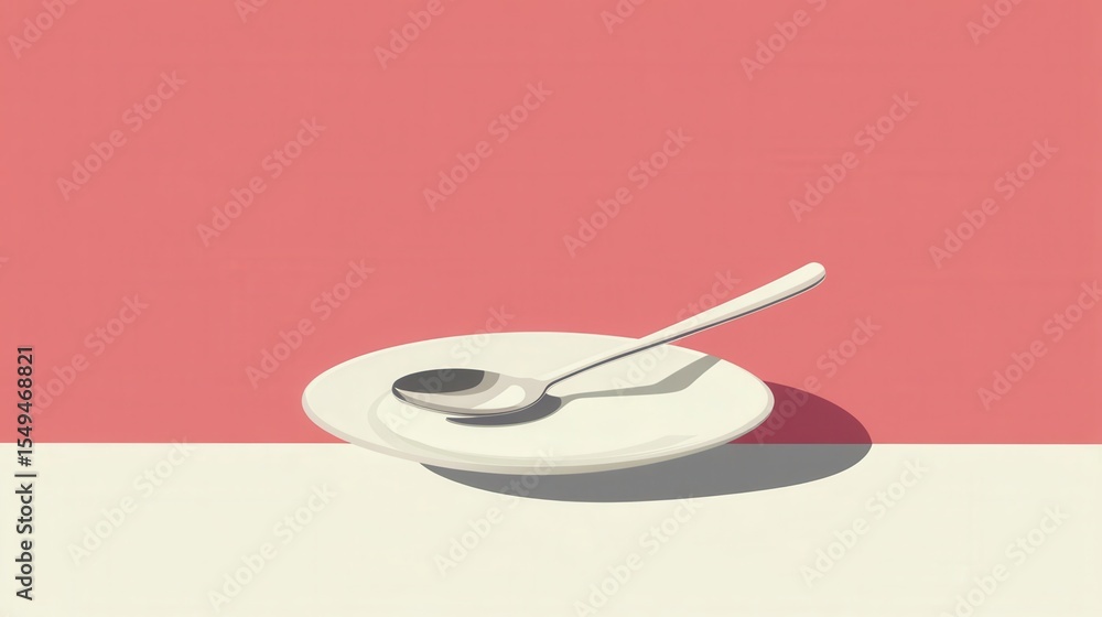 Poster modern minimalist still life of a spoon and plate on a color block background with soft shadow effec