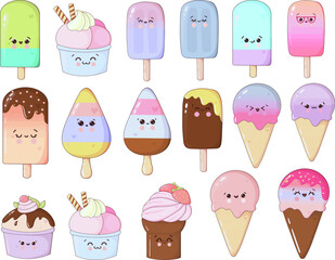 set of cute ice cream cartoon character icon 