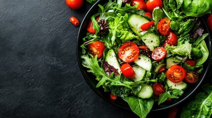 A vibrant and colorful salad composed of fresh greens, juicy tomatoes, and crunchy cucumbers, embodying healthy eating and culinary creativity on a dark background.