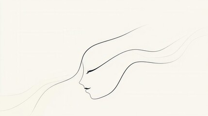Obraz premium Elegant Minimalist Line Art Portrait of a Woman's Face with Flowing Hair in Soft Tones on a Neutral Background for Modern Decor and Design