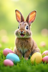 Joyful bunny surrounded by pastel eggs in a vibrant meadow with empty space, adorable, colorful, background