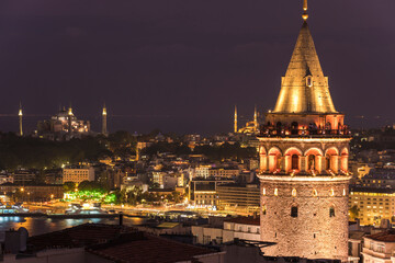 Istanbul Icons Galata Tower in the Sunset Time Drone Photo, Galata Beyoglu, Istanbul Turkiye (Turkey)