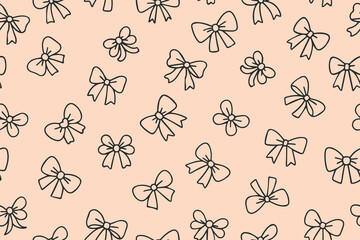 Seamless pattern of black line icons of bows hand drawn. Decorative festive design for birthday packaging in doodle style. Wedding celebration decoration symbol illustration. Vector illustration on pi