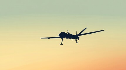 Silhouette of a Drone Flying Against a Colorful Sunset Sky, Capturing the Essence of Aerial Technology and Modern Innovation in Unmanned Aircraft Systems