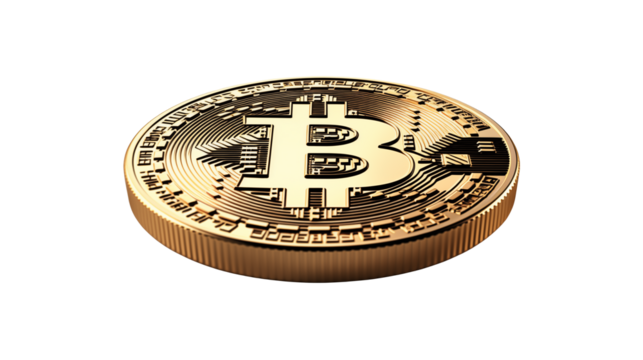 Golden Bitcoin Cryptocurrency Coin Closeup Isolated on transparent Background 