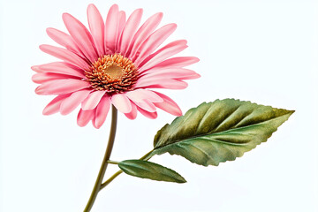 A single pink gerbera daisy with a stem and leaf against a white background