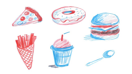 Hand Drawn Pencil Sketch Set of Food and Drink Icons – Pizza, Burger, Donut, Soda, Cupcake, Ice Cream Isolated