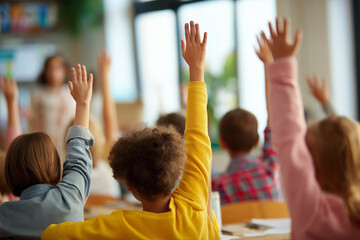 Group of diverse elementary school children raising hands during a lesson in a bright classroom.