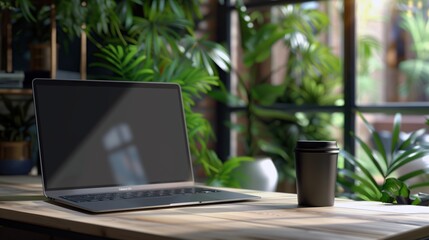Sustainable and inspiring home office workspace featuring a laptop, reusable cup, notepad, and abundant indoor green plants.