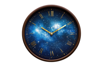 Round clock with a dark-blue, starry night sky face.  Brown/gold frame.  Timepiece