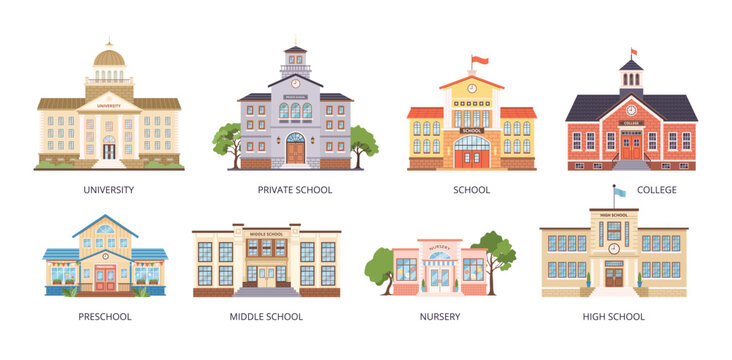 Set of educational building icons in flat style. Isolated clip art on white background for education themes or Back to School concept. Front view. University, school, nursery, preschool, college.