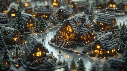 Snowy winter village scene with warm lights