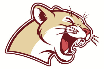 Roaring cougar head shows sharp teeth and whiskers, framed with maroon and white