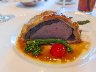 Beef Wellington with dinner vegetables