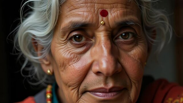 A Close Up Portrait of a Ninety Two Year Old Indian Woman Showing Translucent Skin a Nose Ring and Faded Sindoor in Stunning 4K Detail