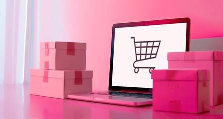 Bright pink-themed image of a laptop showing a shopping cart icon, surrounded by multiple delivery or gift boxes on a desk.