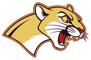 Golden cougar head roars fiercely, detailed with a sleek, outlined burgundy, black detail