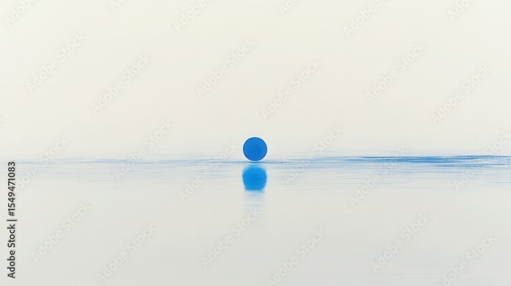 Poster serenity of a single blue sphere floating on a calm water surface with soft reflections and minimali
