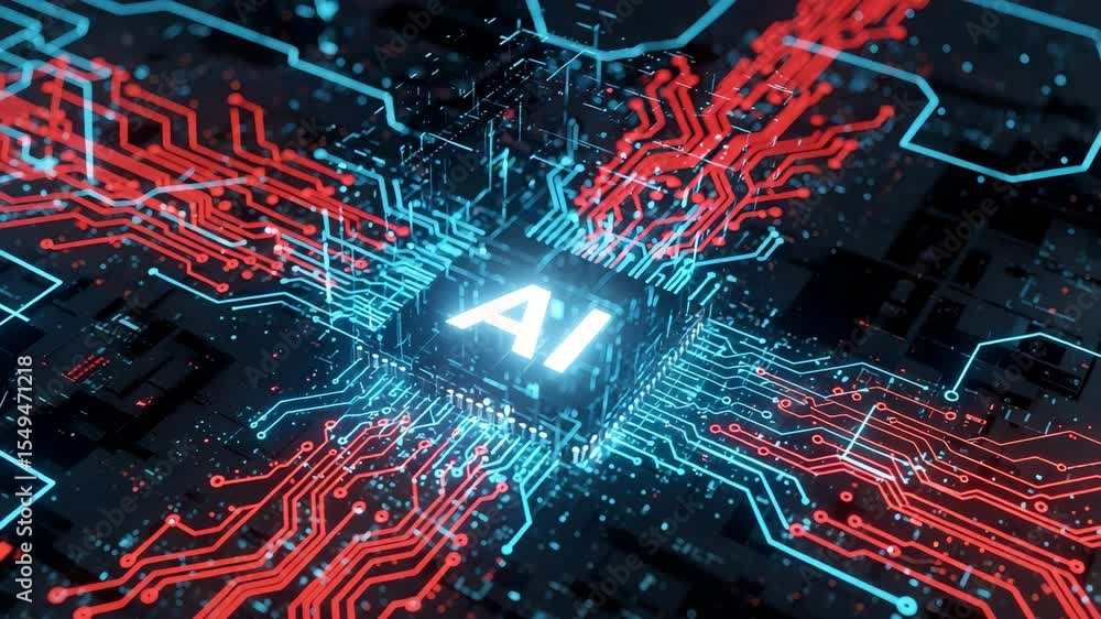 Aufkleber a close up of a circuit board with the letters ai in the center glowing blue and red lines around
