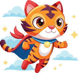 Adorable Orange Tiger Superhero Flying Cartoon Character Red Cape Blue Sky Clouds vector
