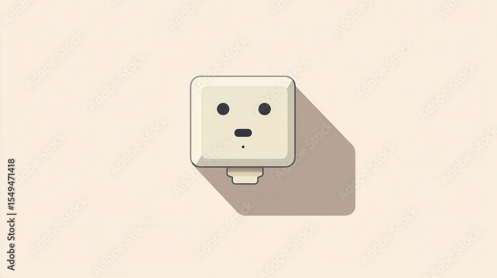 Poster cartoon representation of a wall socket with a friendly face, designed with a simple aesthetic and s