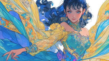 遠くを見つめる王女、1980年代アニメスタイルの柔らかな陰影で構成された抽象的ファンタジー王族モチーフビジュアル