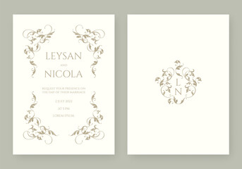 Wedding invitation. Classic ornamental decor. Decorative frame and monogram.