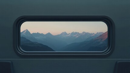 Serene Mountain Landscape Visible Through Window Frame at Dawn with Soft Light and Dramatic Peaks Emphasizing Nature's Beauty and Tranquility