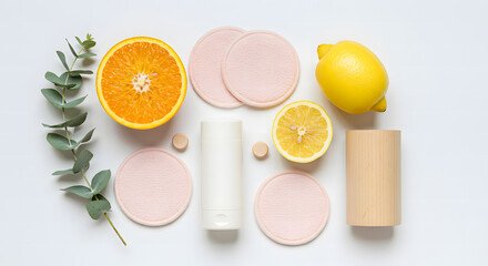 Natural skincare products with citrus fruits and cotton rounds