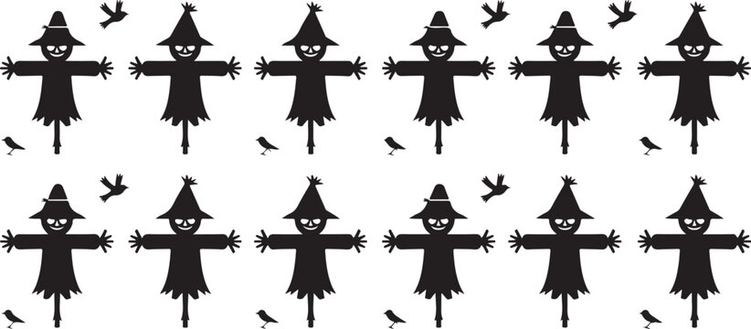 Black scarecrow silhouettes with birds seamless pattern