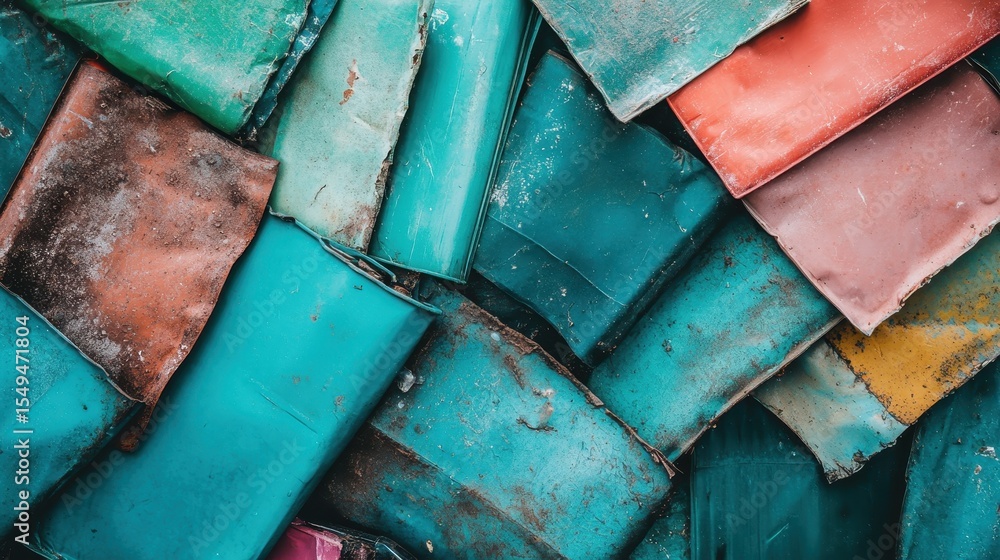 Poster an abstract composition of layered, weathered metal sheets displaying a multitude of colors and text