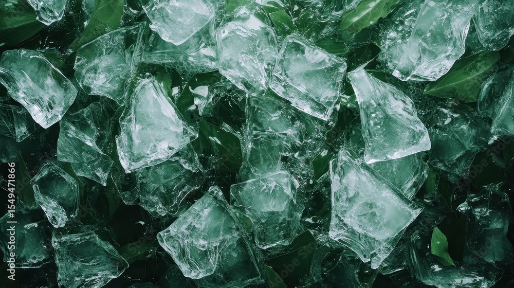 Poster this image showcases a vibrant mixture of clear ice cubes interspersed with green leaves creating a 