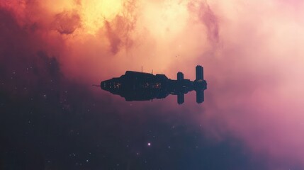 Futuristic Spacecraft Gliding Through Ethereal Cosmic Clouds in Stunning Neon Colors and Reflections, Captivating Interstellar Scene for Science Fiction Fans