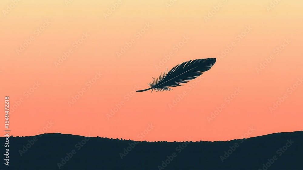 Poster silhouette of a feather floating against a gradient sunset sky with soft colors and horizon line evo