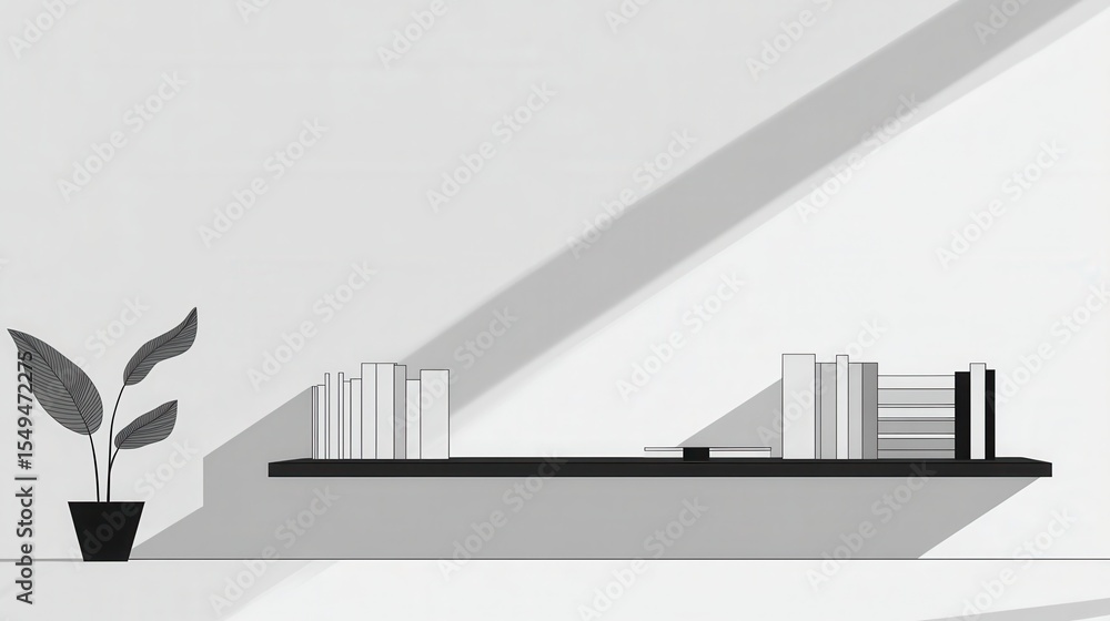 Poster modern minimalist shelf with books and plant creating an elegant workspace in a bright room with sha