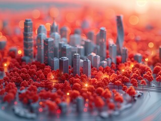Miniature 3D city model with modern skyscrapers and lush urban greenery, resembling smart eco-cities like Singapore or Seoul.
