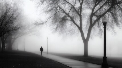Solitary Figure Walking Along Foggy Path in Park with Bare Trees and Lampposts