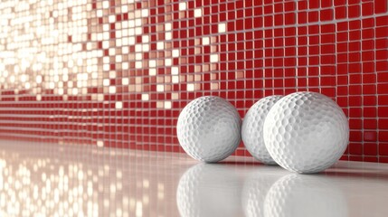 Three golf balls on a reflective surface, against a red mosaic wall