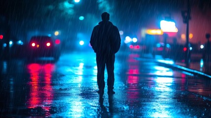 Man Standing in Rainstorm on Urban Street at Night with Blurred City Lights
